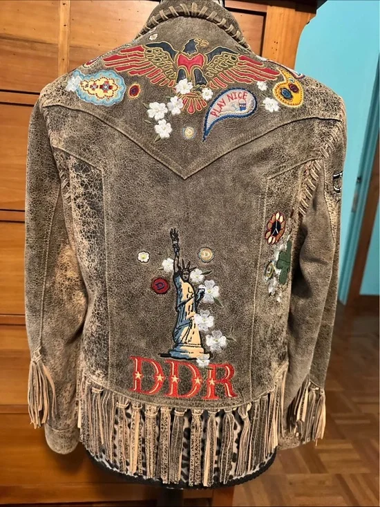 Rare Double D Ranch leather fringe jacket embroidered statue of Liberty eagle M - Picture 3 of 16